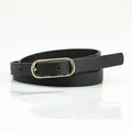 Slim black PU leather belt for women featuring a polished gold oval buckle detail - Black