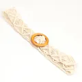 Bohemian off-white braided macramé waist belt with round natural wooden buckle - Off White