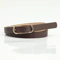 Minimalist dark brown slim PU leather belt for women with golden oval metal buckle - Coffee