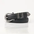 Women's vintage black leather belt featuring an antique silver horseshoe buckle finish - Black