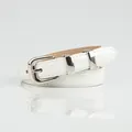 Glossy white slim leather belt with silver metal buckle and mirror finish detail - White