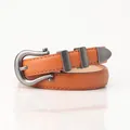 Vintage brown leather belt for women with antique silver horseshoe buckle and stitching - Camel