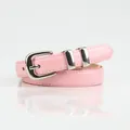 Glossy pink patent leather skinny belt for women with silver buckle and metal loops - Pink