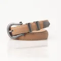 Vintage silver buckle skinny leather belt in khaki with detailed white contrast stitching - Khaki