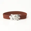Ceinture élastique marron pour femme avec élégante boucle en métal à double fleur - Café