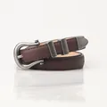 Deep brown leather thin belt featuring vintage silver buckle and horseshoe hardware - Coffee