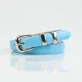 Slim bright sky blue patent leather belt for women with silver buckle and stitch details - Blue