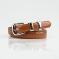 Glossy brown patent leather belt for women with silver buckle and double metal loops - Camel