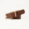 Women's brown lychee grain leather belt featuring a golden bamboo-shaped metal pin buckle - Coffee