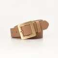 Cintura da donna in pelle marrone chiaro con grande fibbia quadrata dorata e cuciture bianche - 2.8cm x 103cm / Cachi