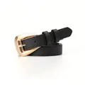 Minimalist black leather belt with a vintage curved gold metal buckle for women - Black