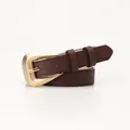 Minimalist dark brown leather belt for women with irregular vintage gold buckle - Coffee