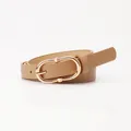 Minimalist light brown leather belt for women featuring a sleek gold oval pin buckle - Khaki