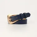 Women's minimalist navy blue leather belt featuring a bold triangular gold metal buckle - Navy Blue