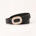 Cintura elegante in pelle nera con fibbia dorata ovale decorata con perle e strass - Nero