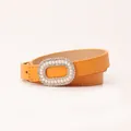 Elegante cintura in pelle PU arancione per donna con fibbia ovale in perle e strass - Giallo