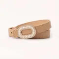 Elegant khaki leather belt for women featuring an oval buckle with pearls and rhinestones - Khaki