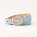 Light blue thin leather belt for women featuring a luxury pearl and rhinestone buckle - Light Blue