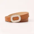 Elegant brown leather belt with luxury pearl and rhinestone oval buckle for dresses - Camel