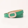 Elegant grass green women's slim belt with faux pearl and rhinestone buckle decoration - Green