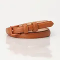 Cintura sottile in pelle marrone classica da donna con fibbia quadrata vintage e cuciture - Cammello