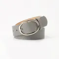 Minimalist grey leather belt with silver oval pin buckle and white stitching details - Dark Gray