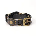Vintage western black leather belt with bronze metal studs and round ornate buckle - Black