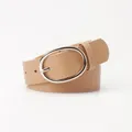 Chic beige leather belt for women featuring an oval silver buckle and fine stitching - Khaki