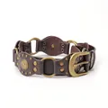Western style wide dark brown leather belt with vintage bronze metal rings and rivets - Coffee