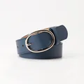 Dark blue leather belt with silver oval buckle and fine stitching for women - Navy Blue