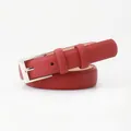 Slim red matte leather belt for women with elegant silver rectangular metal buckle - Dark Red