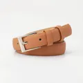 Women's minimalist leather belt in camel brown with a sleek silver alloy pin buckle - Light Camel
