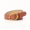 Women's slim leather belt in warm brown with a matte gold oval buckle for jeans - Camel