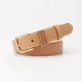 Slim light brown faux leather belt with golden square buckle and white stitching detail - Khaki