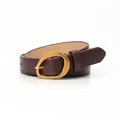 Women's dark brown leather belt with a golden oval buckle and fine edge stitching - Coffee