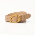 Cintura sottile in pelle beige da donna con fibbia dorata vintage e cuciture bianche - Cachi