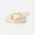 Women's minimalist white leather belt featuring a textured vintage gold metal buckle - White