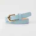 Women's minimalist light blue skinny belt with a gold U-shaped horseshoe buckle - Light Blue