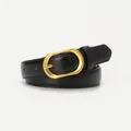 Classic black leather belt for women with elegant matte gold oval buckle and fine stitching - Black