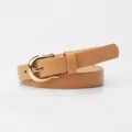 Women's slim leather belt in camel brown with a polished gold horseshoe buckle - Khaki
