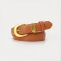 Women's minimalist dark brown leather belt with elegant gold oval buckle for jeans - Camel