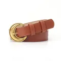 Cinturón vintage de cuero marrón para mujer con hebilla de media luna dorada antigua - Camel