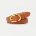 Minimalist caramel brown leather belt with a matte gold oval buckle for women - Camel