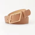 Cintura sottile in pelle kaki da donna con fibbia geometrica oro opaco e cuciture - Cachi