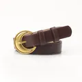 Vintage dark brown slim leather belt with a unique golden moon-shaped metal buckle - Coffee