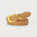 Women's minimalist khaki leather belt with matte gold hardware and white stitching - Khaki