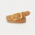 Women's vintage khaki leather belt with a matte gold oval buckle and white stitching - Khaki