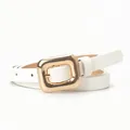 Slim white leather belt for women featuring a polished gold square metal pin buckle - White