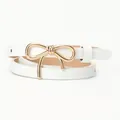 Elegant white skinny leather belt with golden bow buckle for women dresses - White