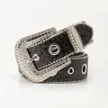 Western style black sequins belt for women featuring white rhinestones and silver hardware - 110cm x 3.8cm / Black